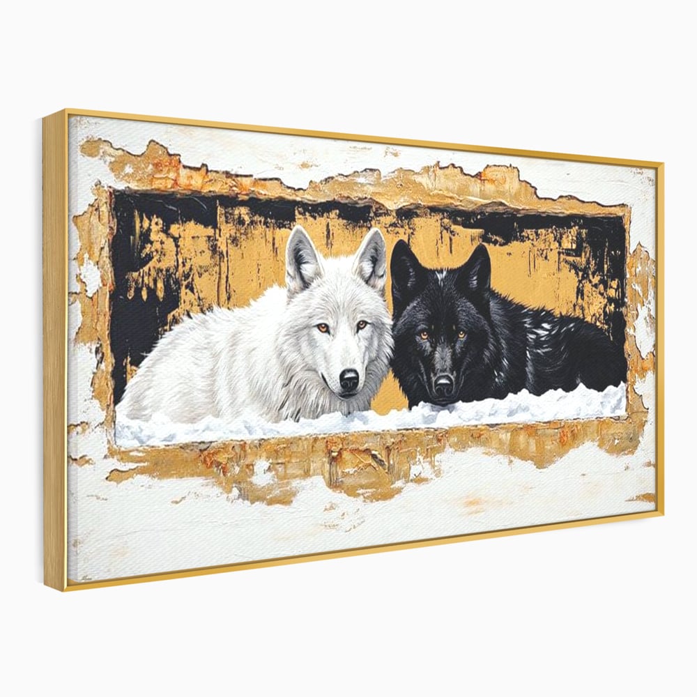 Tablou canvas cu pictura cu doi lupi in zapada, in rama de aluminiu auriu